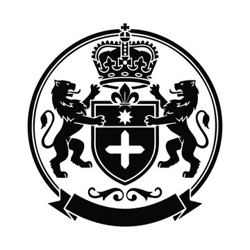 Black and white heraldic crest featuring lions a crown and a shield