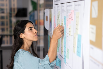 Brazilian female project manager business planning specialist creating Agile roadmap interacting with task order optimizing workflow preparing visual presentation on Scrum board with colored notes © fizkes