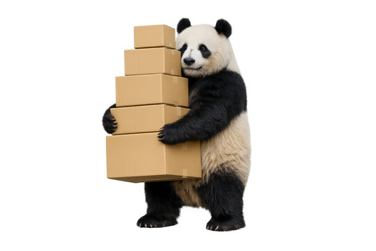 Panda bear delivering stack of cardboard packages