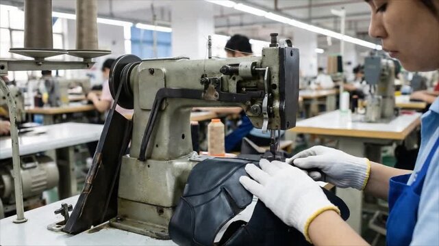 Asian woman sewing leather pieces with industrial machine in workshop. Factory worker stitching shoe parts on sewing equipment for professional footwear production.