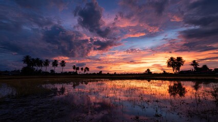 Tropical Sunset Over Rice Paddy Field