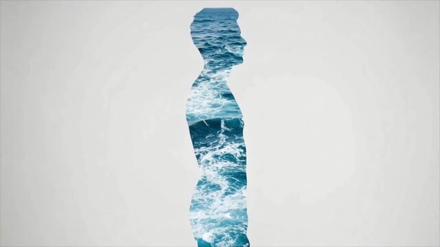 Man silhouette filled with ocean water waves. Double exposure surreal art representing calm liquid nature. Male profile showing peaceful marine surfing motion flow.