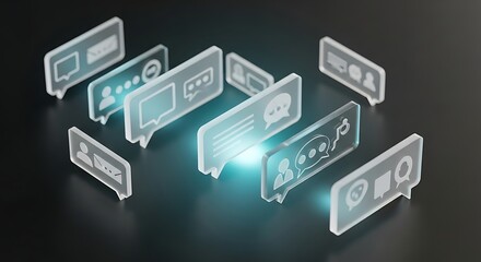 A collection of glowing digital screens with various icons on a dark background