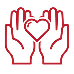 Obraz premium red line art of cupped hands holding a heart symbol love and care icon