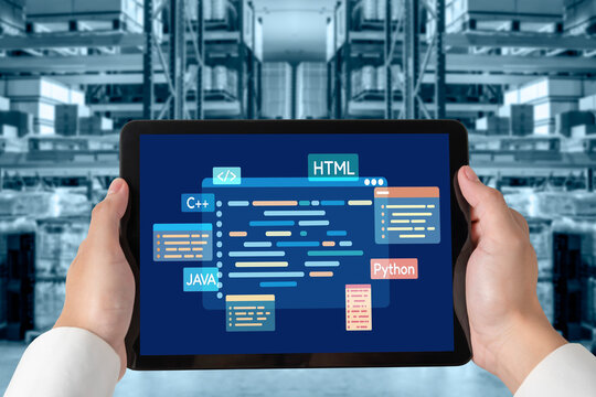 Software development or programming work with coding screen of various programming languages like HTML, , , and C brisk for new application development