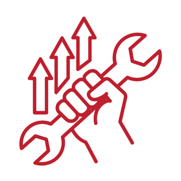 red line drawing of a hand holding a wrench with three arrows pointing up indicating growth and improvement in maintenance and repair services