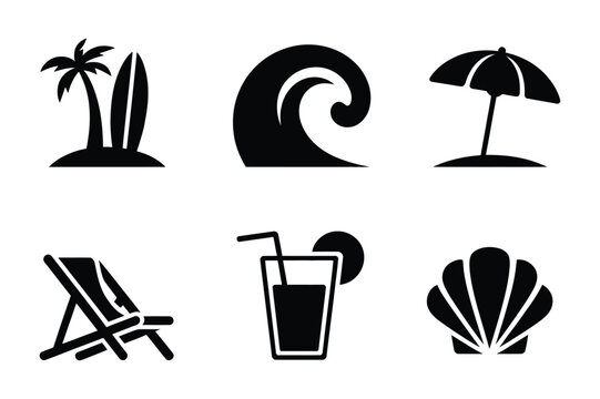 Beach vacation icons: surfboard, palm tree, wave, umbrella, chair, dri