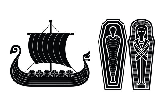Viking ship and egyptian sarcophagus silhouettes