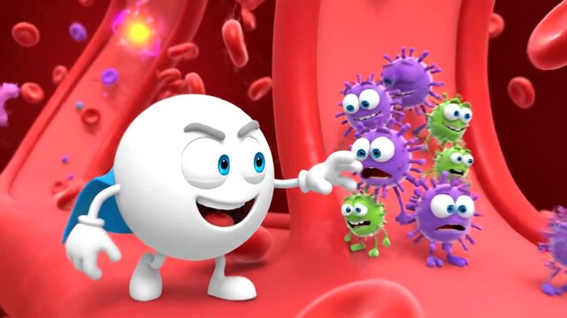 Cartoon character fighting germs and viruses.