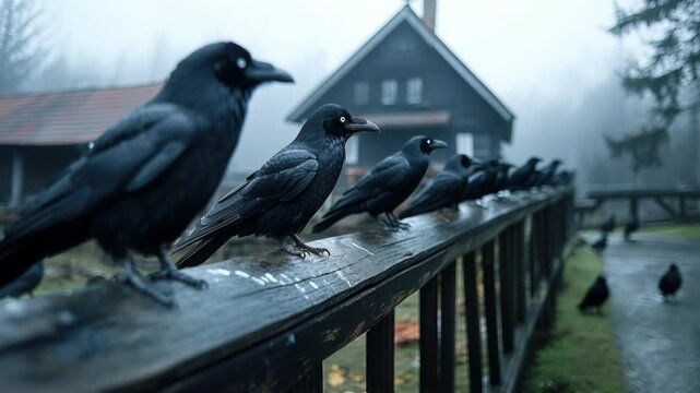 Gathering of crows perched on a wooden railing in misty forest setting