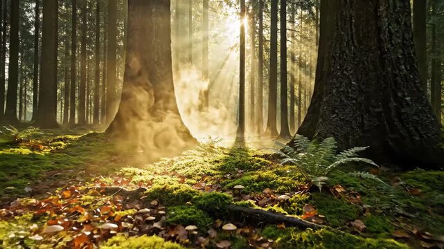Aerial view of misty forest with sunlight filtering through trees, cinematic 4k video footage of nature