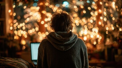 Fototapeta premium Back of person in cozy hoodie looking at festive golden bokeh lights. Ideal for comfort, holiday, remote work, or reflective moments themes.