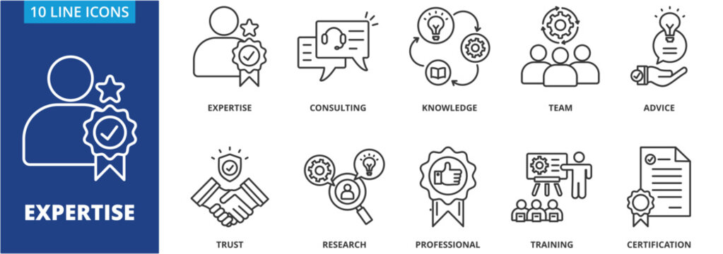 Expertise icon collection set. Containing Expertise, consulting, knowledge, team, advice, trust, research, professional, training, certification icon. simple line vector.	

