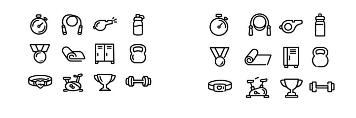 Fitness and gym equipment line icon set with stopwatch jump rope whistle water bottle medal yoga mat locker kettlebell and stationary bike © PAPA STOCK