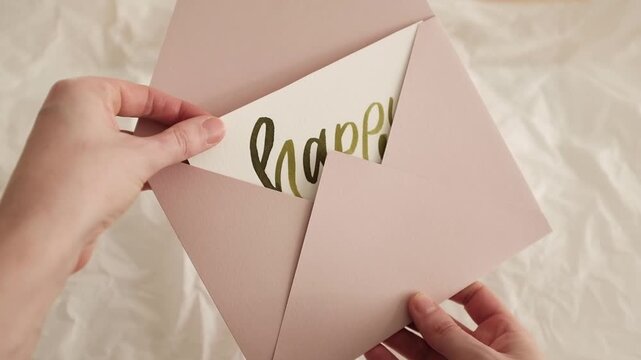 Happy Easter calligraphy lettering painted with green watercolor. Easter holiday greeting message in a pastel pink envelope. 