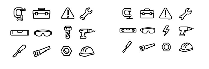 Set of black line icons for construction and home improvement tools including wrench screwdriver drill and safety equipment