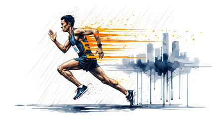 Naklejka premium A runner in a vibrant orange jacket sprints through a cityscape with a dynamic trail of motion behind him.