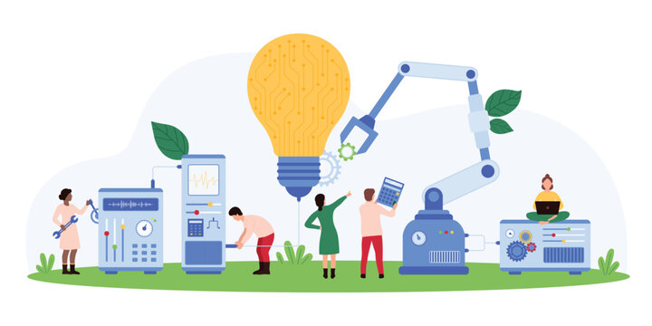 Vector illustration of tiny people working on a project with advanced technology, machinery, and innovation, highlighting futuristic development and teamwork in a technological setting.