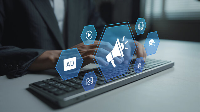 Digital advertising and public relations concept. Person typing keyboard with promotion and media outreach icons, brand awareness, communication strategy and corporate reputation management.