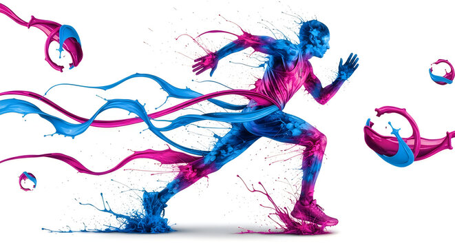 A vibrant, dynamic illustration of a runner in motion, with colorful, flowing lines and splashes of energy.