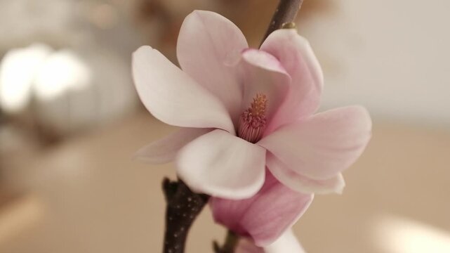Horizontal 4K video of a vibrant pink saucer magnolia branch blooming in the spring. Perfect for mobile-first social media content, wellness backgrounds, or seasonal advertisements.