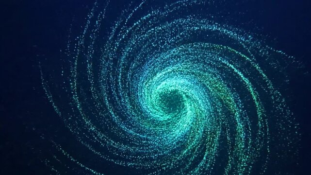 Dynamic abstract spiral particle animation with glowing blue and green dots forming a swirling vortex on a dark background, perfect for technology and data visualization