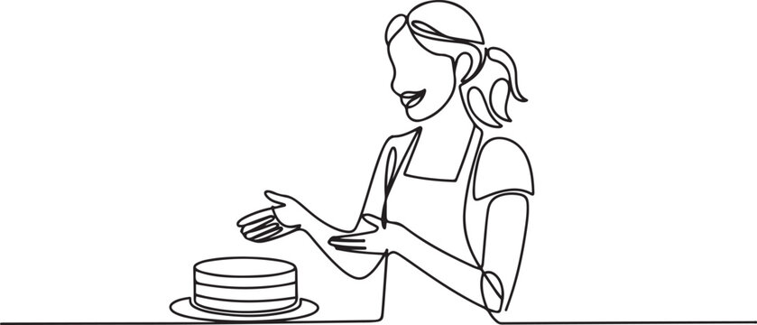 female food vlogger is giving a cake cooking tutorial. Food vlogger minimalist concept. one line art icon drawing vector