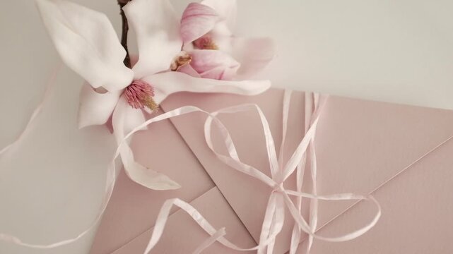Elegant close-up of a dusty pink paper envelope tied with a delicate silk ribbon, featuring a soft pink magnolia flower in the background. Minimalist and romantic stationery arrangement for wedding