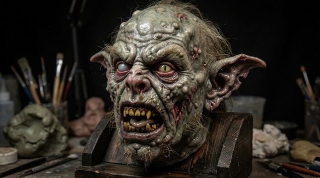 Ugly goblin creature bust on artist workbench