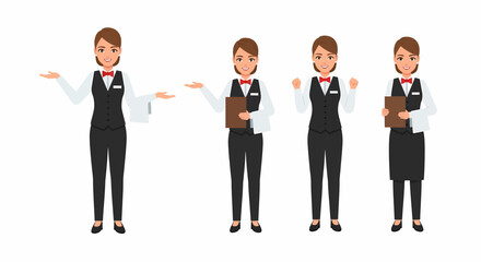 Obraz premium Four poses of a friendly female waitress character in uniform, presenting and holding a menu.