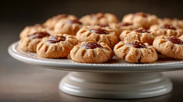 Delicious pecan cookies displayed on elegant stand  gourmet dessert presentation