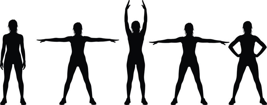 Female body silhouette poses collection showing standing arms raised and T pose positions isolated vector illustration for anatomy reference fitness and character design