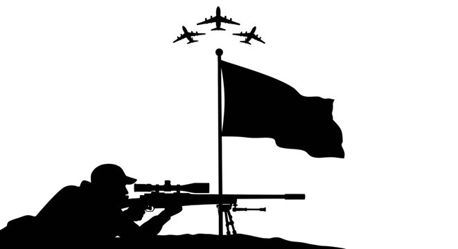 Sniper Aiming Rifle Flag Airplanes Silhouette Military Concept