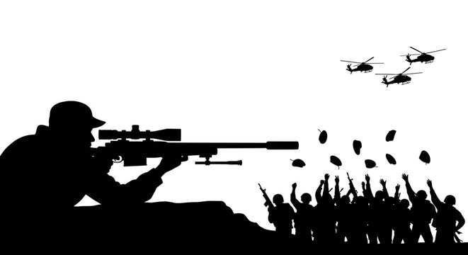Sniper silhouette targets helicopters, soldiers celebrate victory, war, conflict, military action