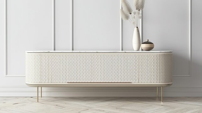 Elegant, modern interior featuring a textured sideboard, decorative elements, and minimalist design