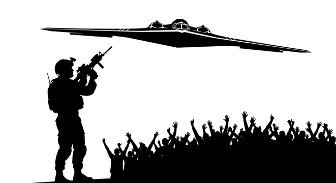 Soldier salutes advanced stealth aircraft with cheering crowd below