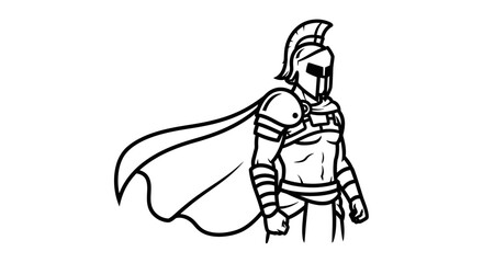 Obraz premium Spartan Warrior Gladiator Hero with Cape and Helmet, Ancient Greek Soldier, Black and White Line Art