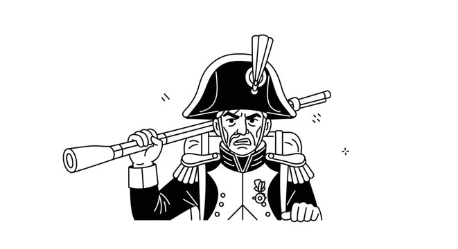 Angry Napoleonic Soldier with Musket, Historical Illustration, Black and White