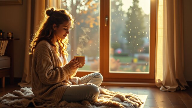 young woman sitting fluffy white blanket floor front large window she wearing beige sweater has long blonde hair tied bun woman holding white mug steam rising appears deep thought window open letting