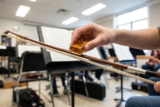 Close up of a musician applying rosin to a violin bow in an orchestra classroom
