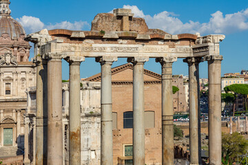 Temple of Saturn in Roman Forum, center of Rome, Italy © Mistervlad