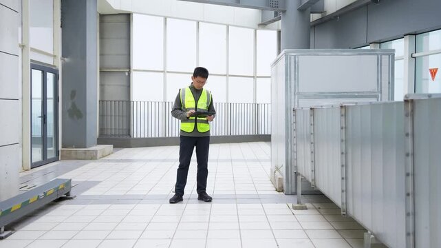 Man wearing reflective vest holding tablet while inspecting industrial equipment indoors