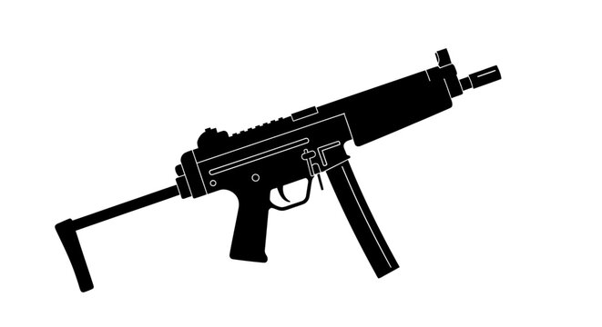 Black silhouette of a submachine gun, isolated on a white background.