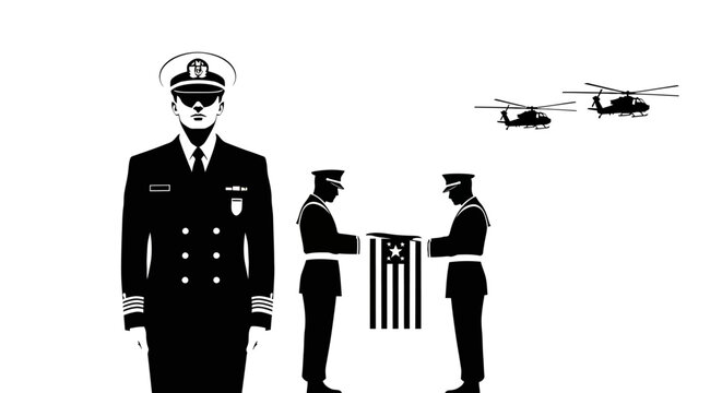 Military Ceremony: Officers Presenting Flag with Helicopters Flying Overhead