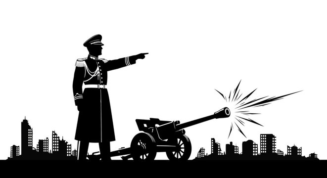 Military Commander Directs Cannon Fire Over City Skyline Silhouette