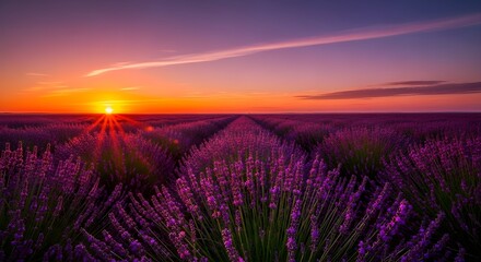 Obraz premium Serene sunset over a field of lavender blooms at dusk