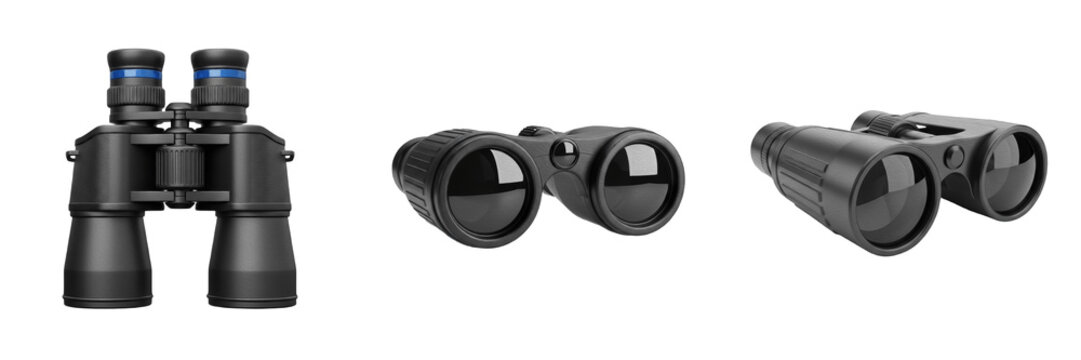 Black binoculars set, professional optical zoom collection for bird watching and travel, military field glasses, isolated on white background, PNG cutout asset