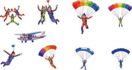 Colorful skydiving adventure scenes with parachutes, freefall formations, airplane jump, vibrant suits, thrilling aerial stunts, teamwork, excitement, adrenaline rush © SHAHARIAR