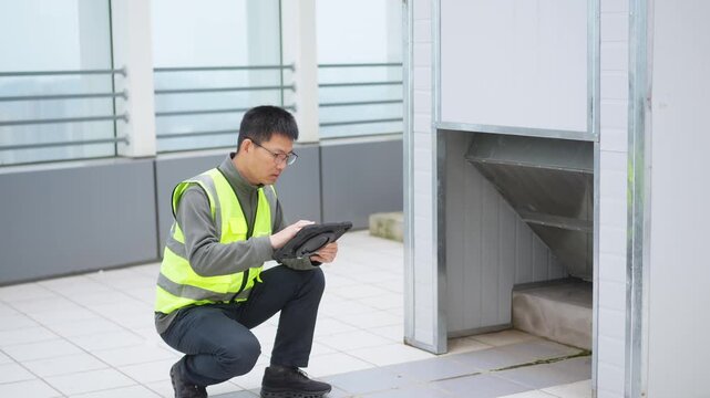 Man wearing reflective vest crouching to inspect equipment with tablet device