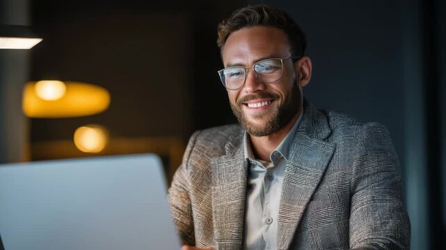 Smiling businessman wearing glasses and a suit jacket works on his laptop in a modern office
